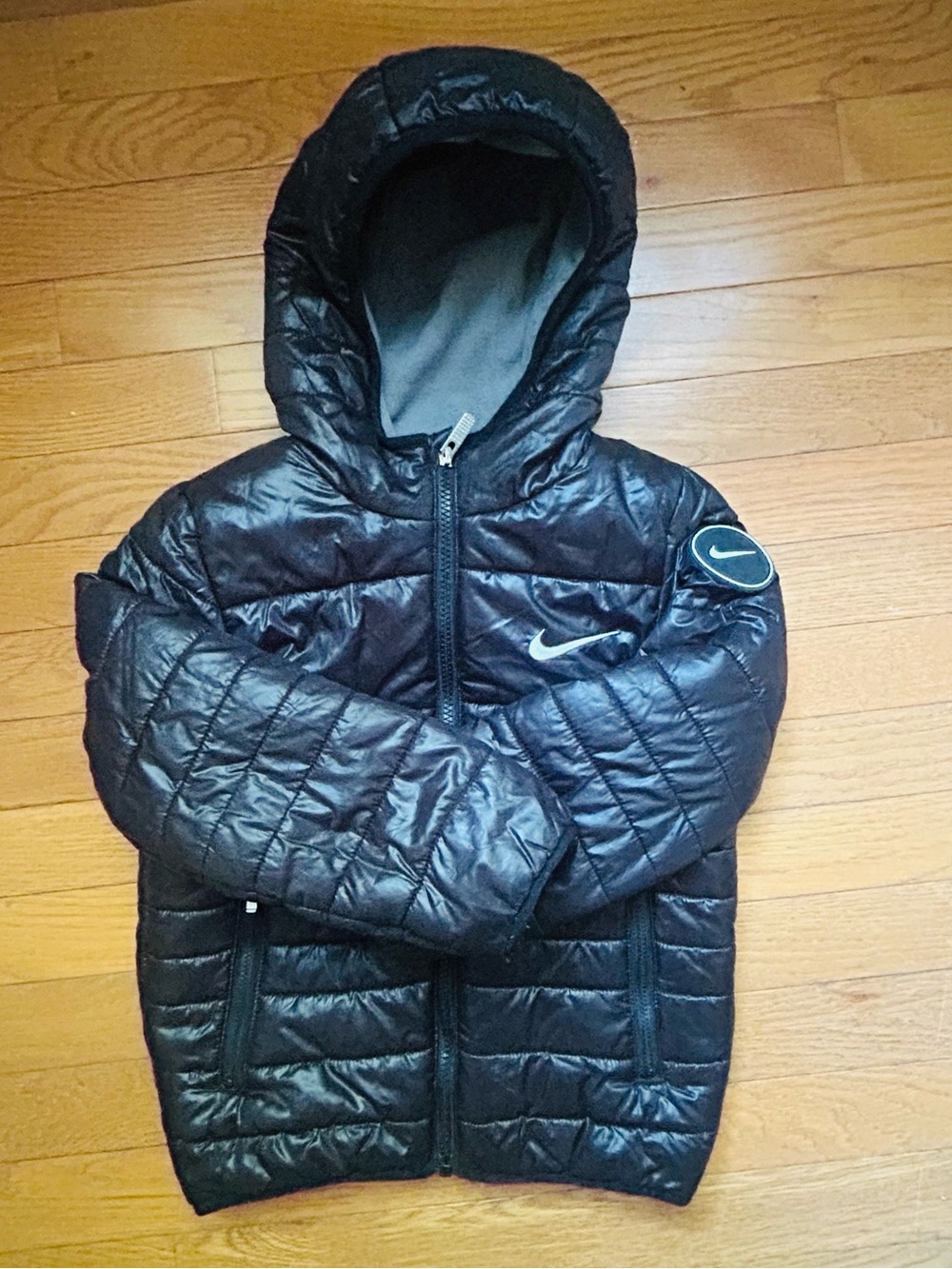 Nike Kids Black Hooded Puffer Coat with Swoosh 5-6T